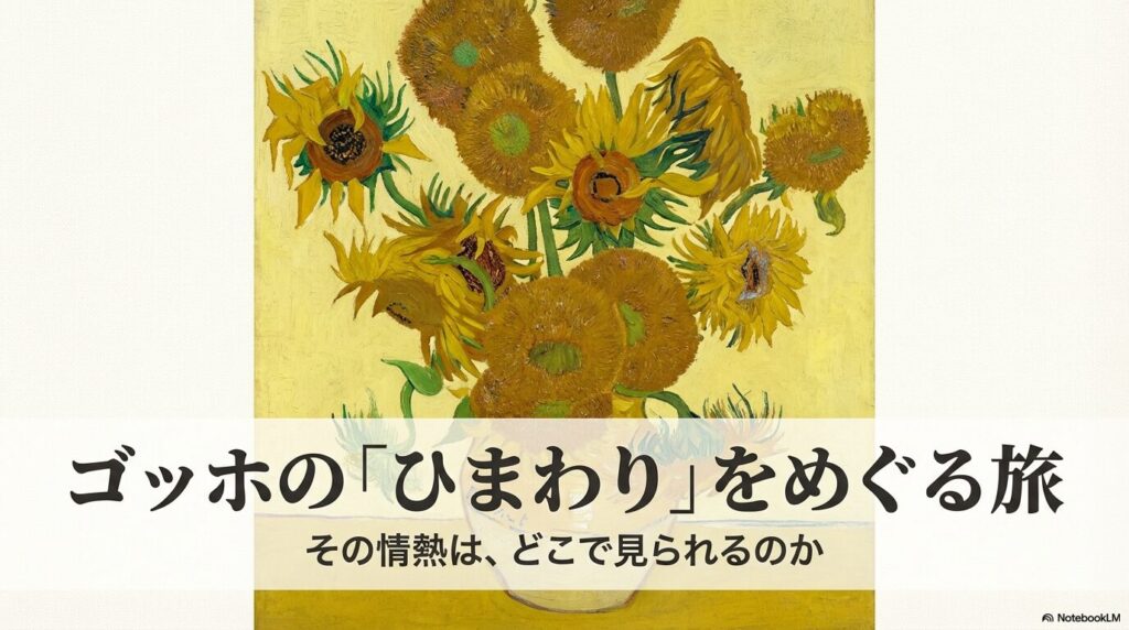 ゴッホのひまわりを描いた絵画のアップと「ゴッホのひまわりをめぐる旅」というタイトル文字