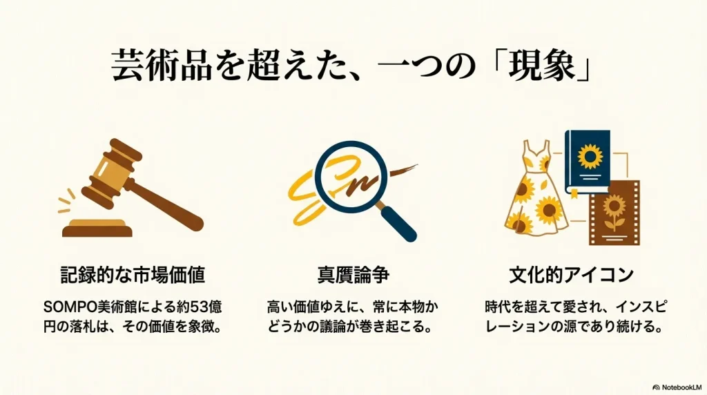 競売のハンマーのイラストと、53億円の落札額や真贋論争についての解説。