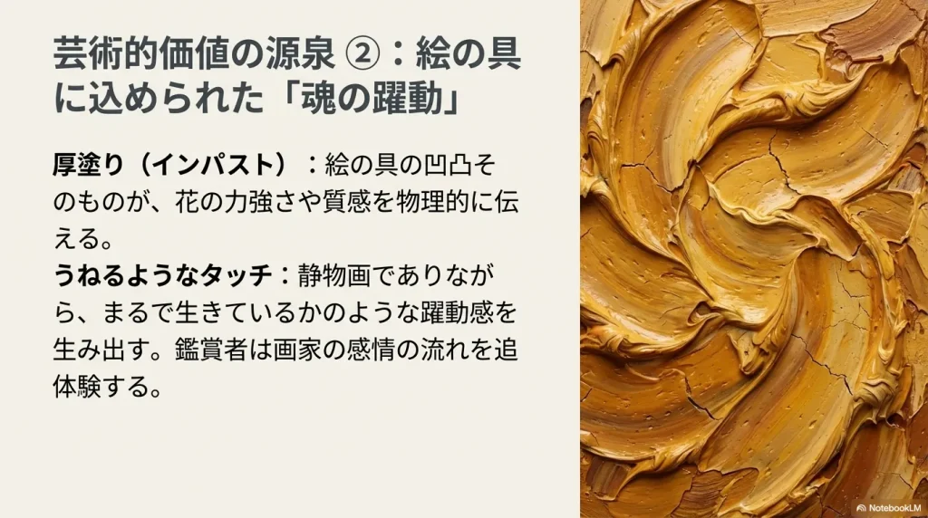 ゴッホのひまわりのクローズアップ画像。絵の具の厚塗り（インパスト）やうねるようなタッチが、花の力強さと躍動感を表現している様子を示す解説図。