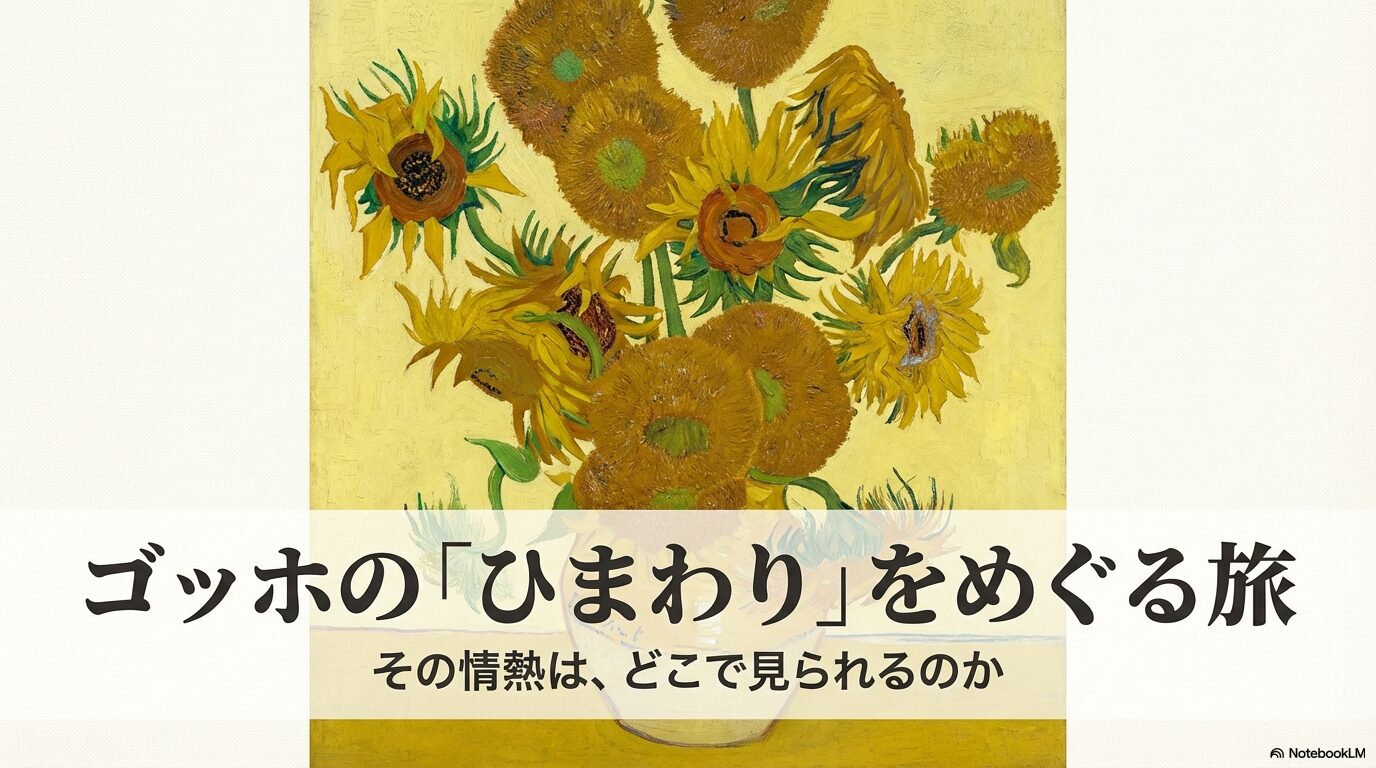 ゴッホのひまわりを描いた絵画のアップと「ゴッホのひまわりをめぐる旅」というタイトル文字