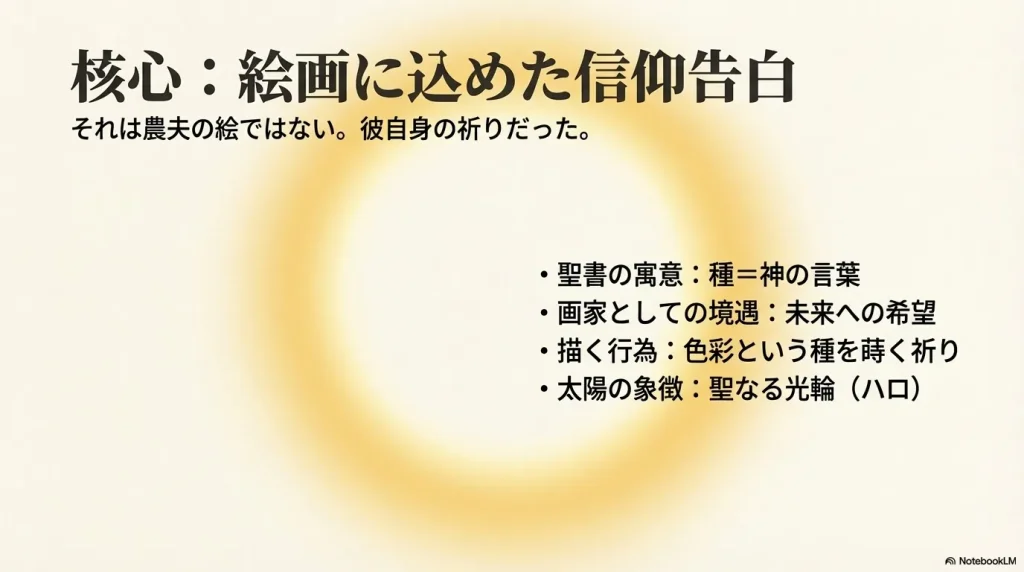 ゴッホが種まく人に込めた聖書的な意味と太陽を光輪に見立てた祈りの解説