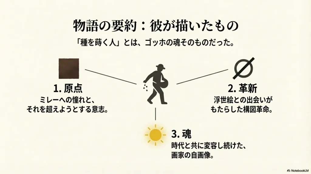 ゴッホの種を蒔く人における原点、革新、魂の変遷をまとめたインフォグラフィック