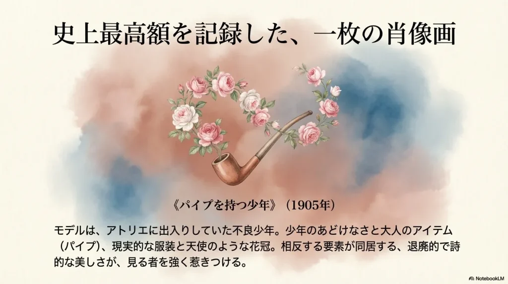 ピカソ「パイプを持つ少年」(1905年)。花冠をつけた少年の肖像画。相反する要素が同居する詩的な美しさ。
