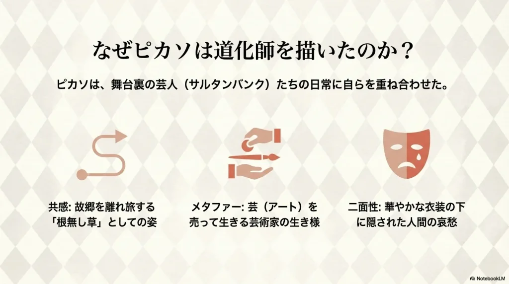 ピカソがサーカス芸人(サルタンバンク)を描いた3つの理由。共感、メタファー、そして華やかさの下にある哀愁への関心。