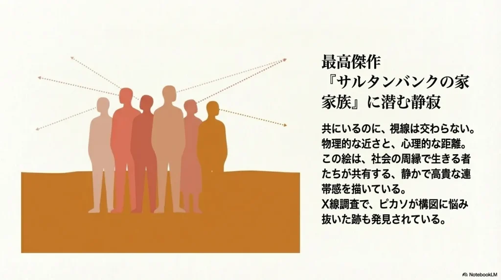 ピカソ・バラ色の時代の最高傑作「サルタンバンクの家族」。視線が交わらない家族の静寂と、X線調査で判明した構図の推敲について。