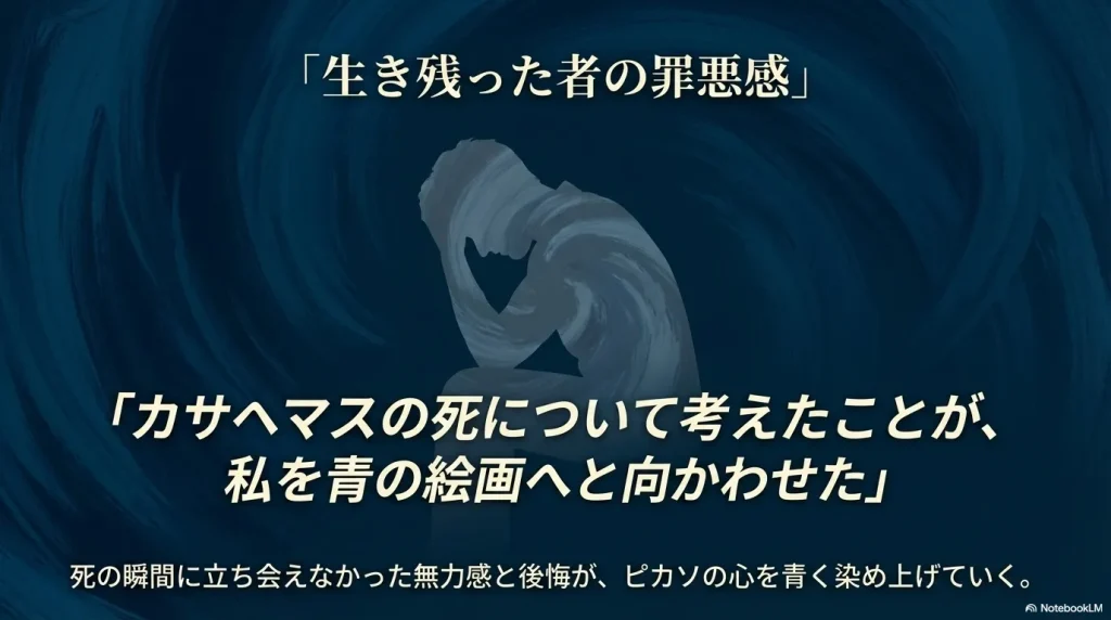 カサヘマスの死に対する無力感と後悔がピカソの心を青く染めていった過程の説明。
