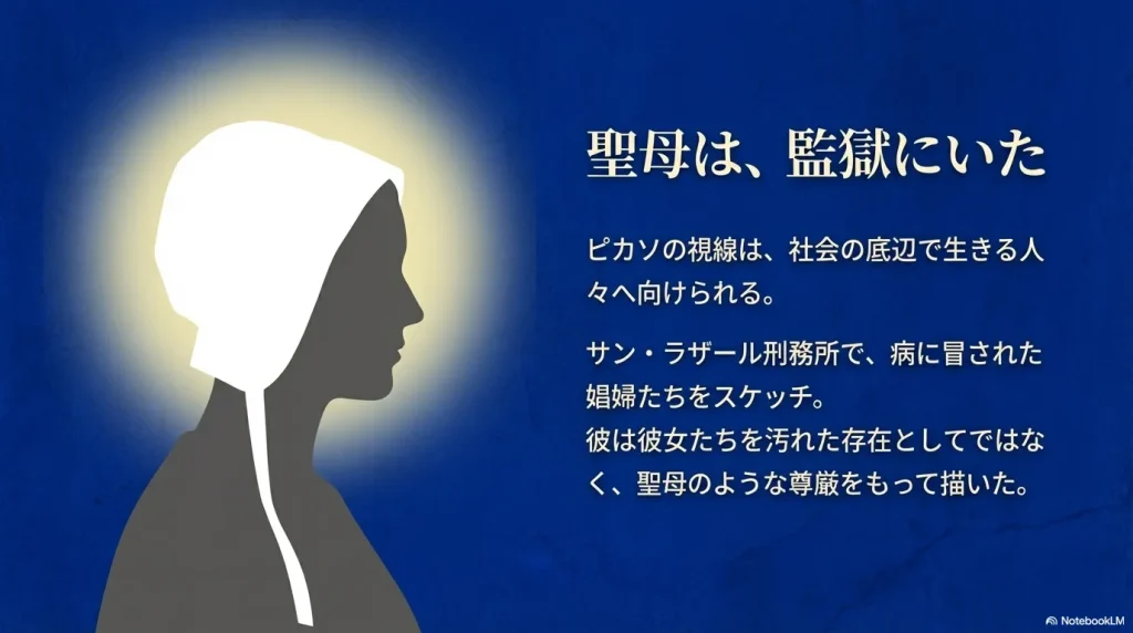 社会の底辺で生きる病を抱えた女性たちを、尊厳ある聖母のように描いたピカソの視点についてのスライド。