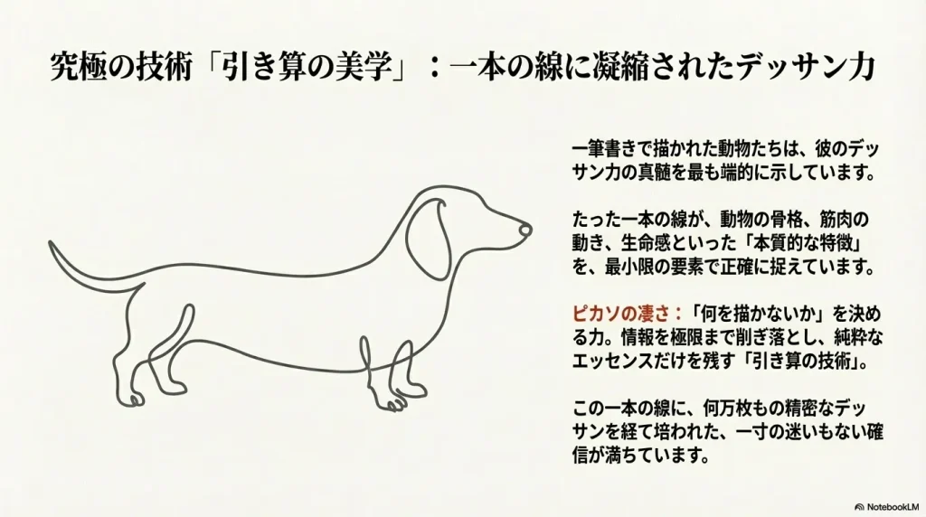 一筆書きで描かれたダックスフンドのイラスト。最小限の要素で生命感を正確に捉える高いデッサン力。