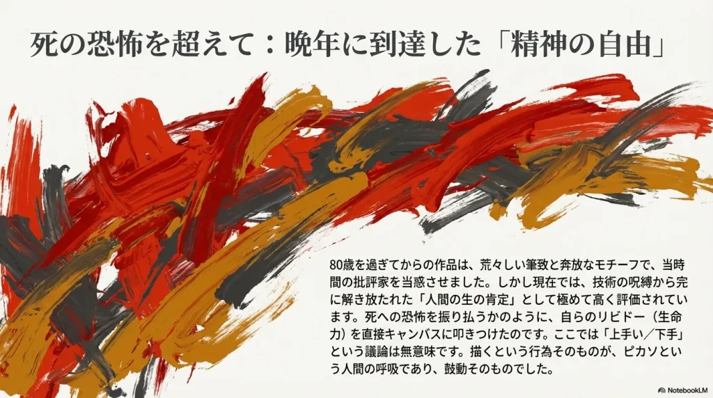 晩年の荒々しい筆致を象徴するイメージ。技術の呪縛から解放され、呼吸や鼓動そのものとなった描画行為。