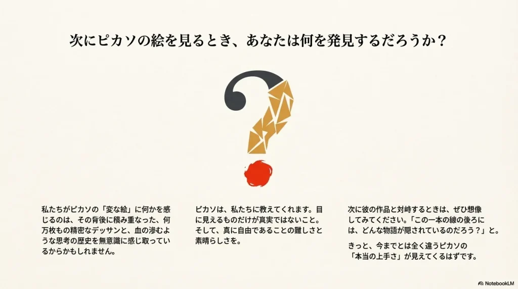 クエスチョンマークの中に散りばめられたキュビスムのパーツ。自由であることの難しさと素晴らしさを問いかける画像。
