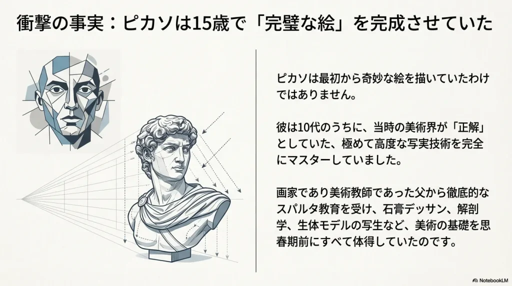 石膏デッサン風の彫刻画と、ピカソが10代で解剖学や写生の基礎を体得していたことを示す解説図。