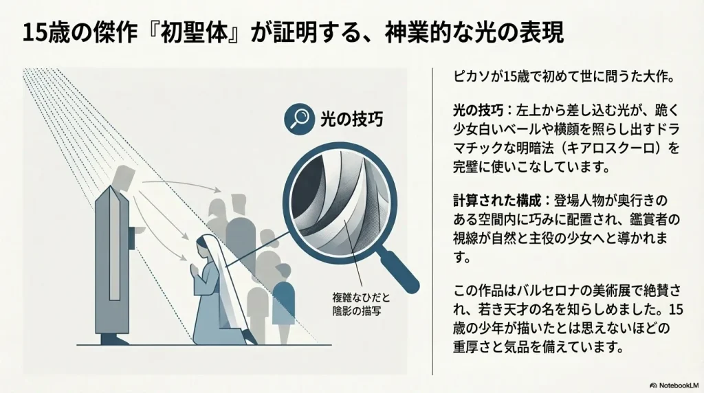 絵画『初聖体』におけるキアロスクーロ(明暗法)と、計算された空間構成を解説するイラスト。