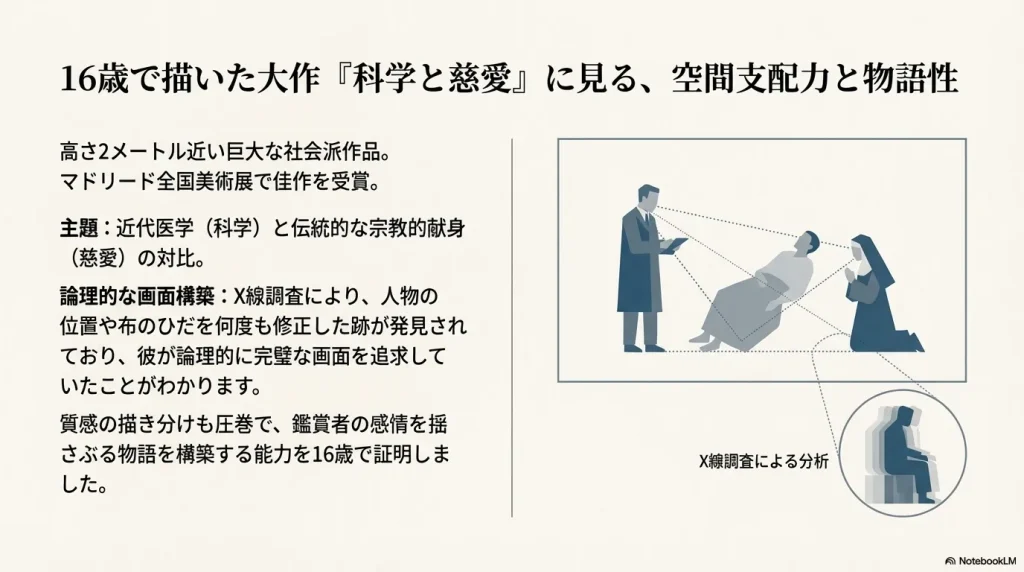X線調査によって判明した、人物配置やひだの修正跡から見えるピカソの空間支配力を示す図。