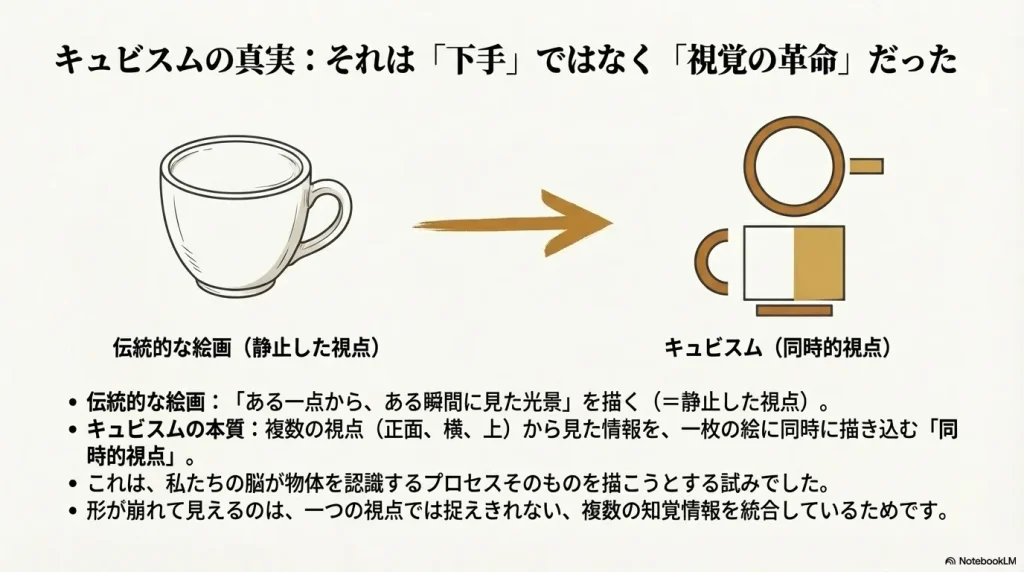 普通のコーヒーカップと、複数の角度から解体されたコーヒーカップの対比による視覚の革命の解説
