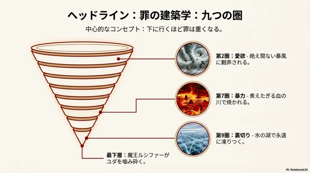 愛欲、暴力、裏切りの罪とそれぞれの罰を描いた地獄の階層詳細