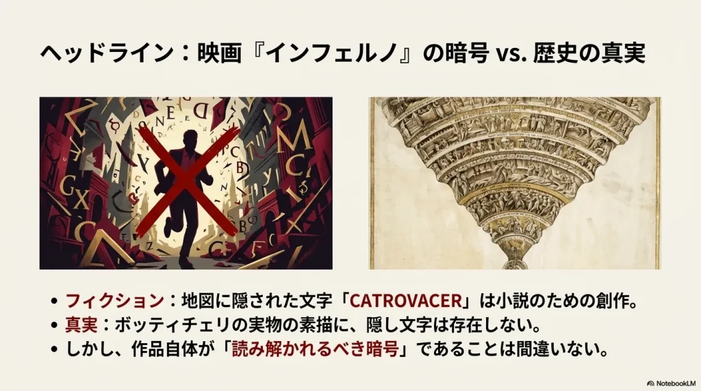 映画の演出である隠し文字「CATROVACER」と実際の素描に関する真偽検証