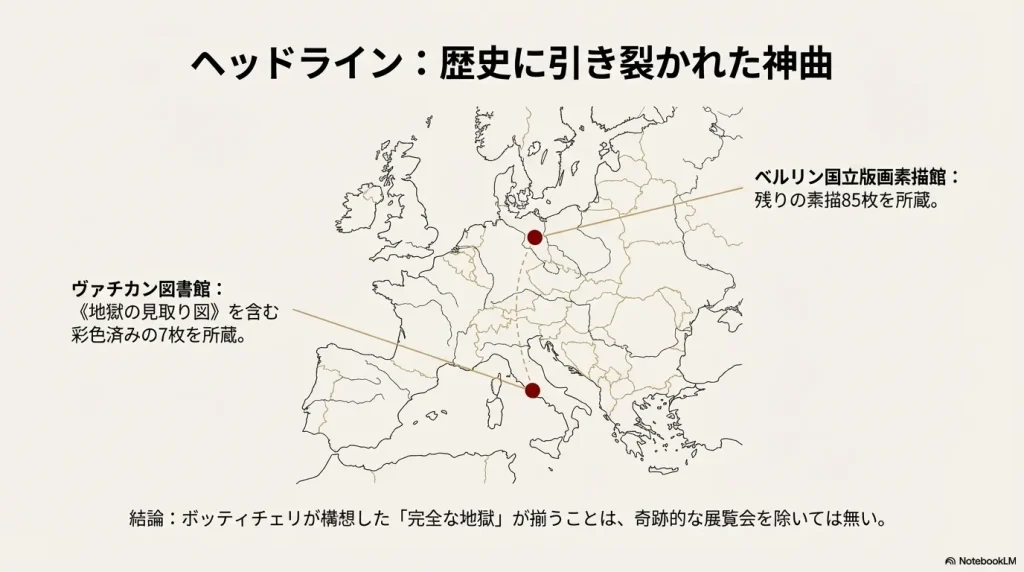 ヨーロッパ地図上で示すヴァチカン図書館とベルリン国立版画素描館の所在地