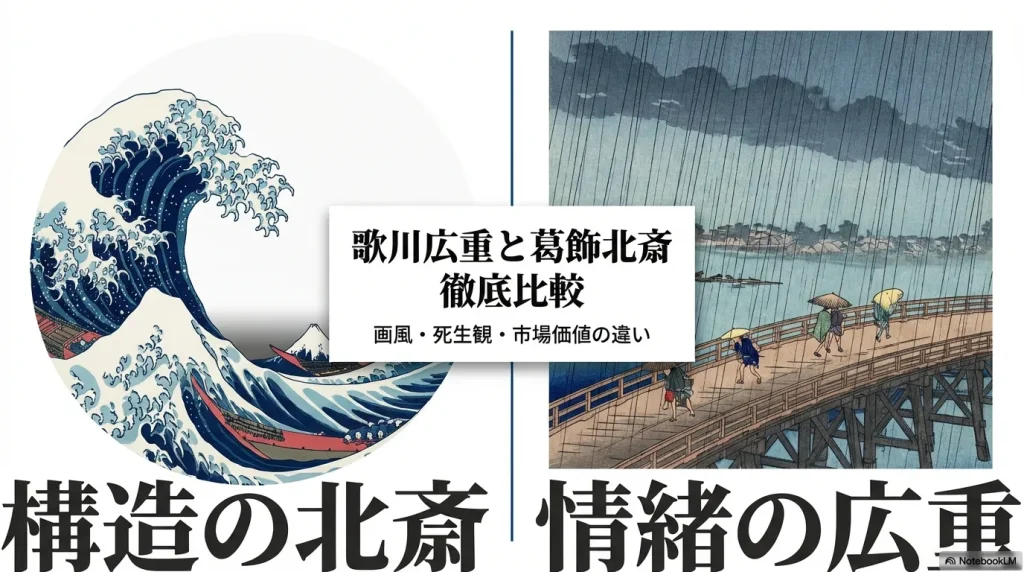 歌川広重と葛飾北斎の徹底比較。画風、死生観、市場価値の違いをテーマにしたスライド資料の表紙。