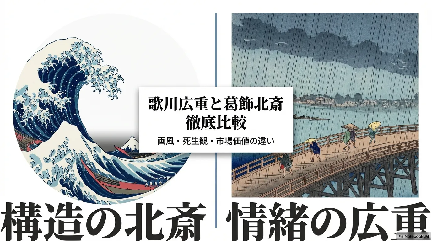 歌川広重と葛飾北斎の徹底比較。画風、死生観、市場価値の違いをテーマにしたスライド資料の表紙。