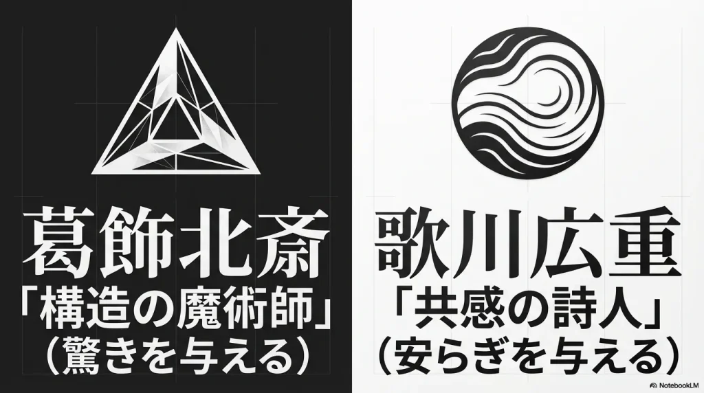 北斎の「構造の魔術師（驚き）」と広重の「共感の詩人（安らぎ）」というキャッチコピーによる対比図。