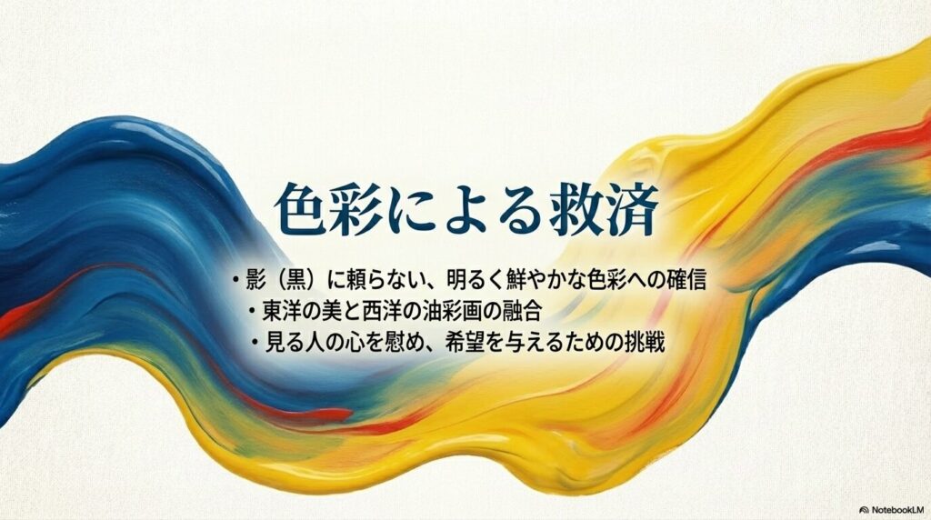 東洋の美と西洋の油彩画を融合させ、明るい色彩で希望を表現しようとしたゴッホの信念