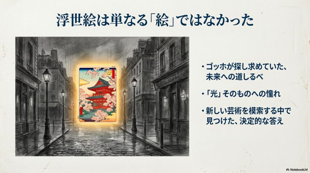 モノクロのパリの街並みの中で、鮮やかに輝く浮世絵が未来への道しるべとして描かれたイメージ