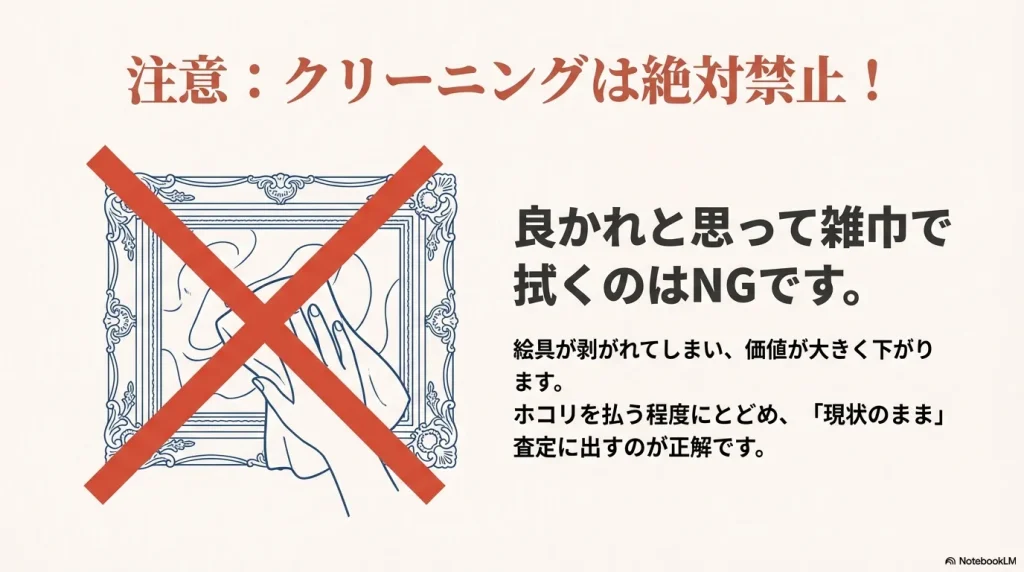 絵画を雑巾で拭くのはNG。価値が下がるためホコリを払う程度で現状のまま査定に出すべき理由