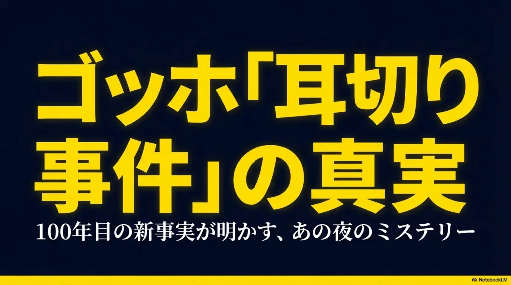 ゴッホ「耳切り事件」の真実。100年目の新事実が明かす、あの夜のミステリーと題されたスライドの表紙。