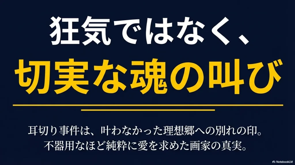 狂気ではなく、切実な魂の叫び。耳切り事件は叶わなかった理想郷への別れの印であり、不器用なほど純粋に愛を求めた画家の真実。