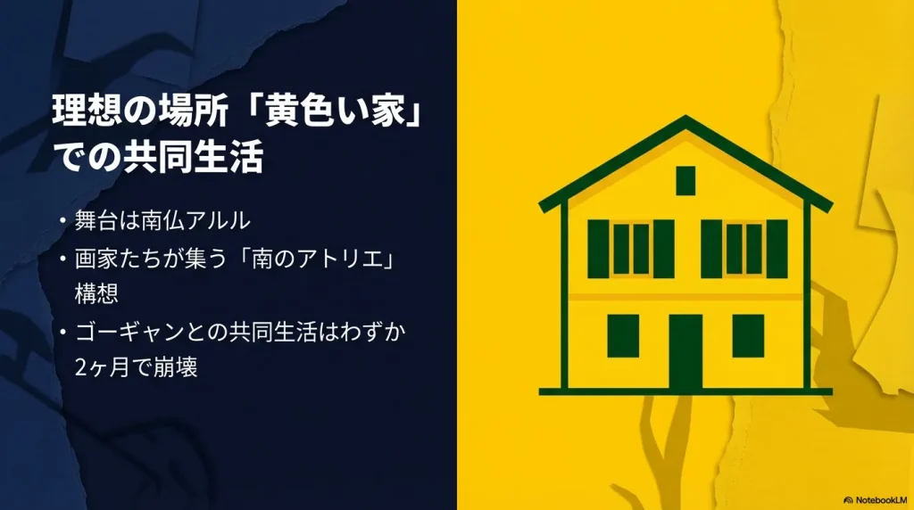 南仏アルルの「黄色い家」での共同生活。画家たちが集う「南のアトリエ」構想だったが、ゴーギャンとの生活はわずか2ヶ月で崩壊した。