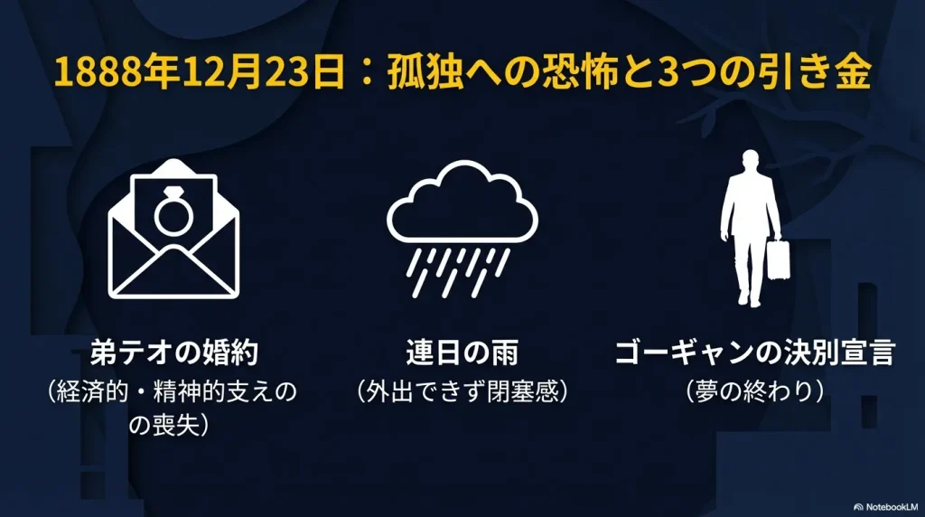 1888年12月23日に起きた3つの引き金。弟テオの婚約による喪失感、連日の雨による閉塞感、ゴーギャンの決別宣言による夢の終わり。