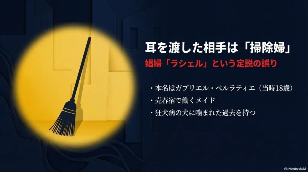 耳を渡した相手は娼婦ラシェルではなく、ガブリエル・ベルラティエという18歳の掃除婦（メイド）であったことの解説。