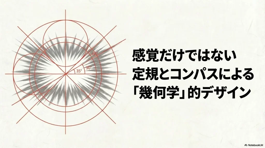 感覚だけでなく、35度や90度といった角度、定規とコンパスを用いた幾何学的な計算に基づいてデザインされていたことを示すスライド。