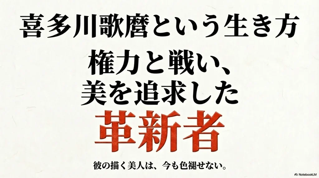 大きな「革新者」の文字とともに、権力と戦い、美を追求した喜多川歌麿という生き方と、「彼の描く美人は、今も色褪せない。」というメッセージ