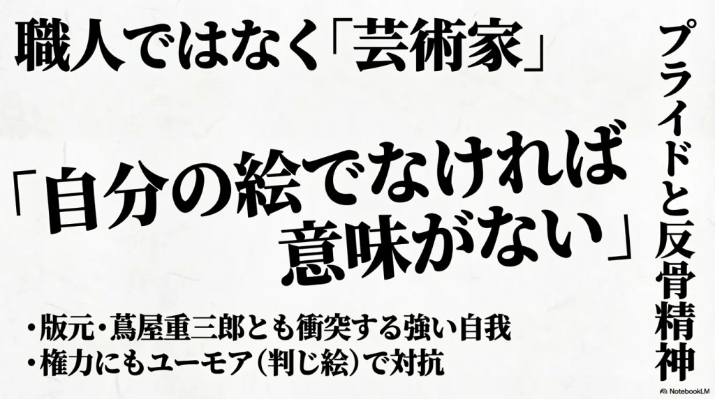 職人ではなく「芸術家」として「自分の絵でなければ意味がない」と語り、版元・蔦屋重三郎とも衝突する強い自我や、権力にもユーモア(判じ絵)で対抗した歌麿のプライドと反骨精神