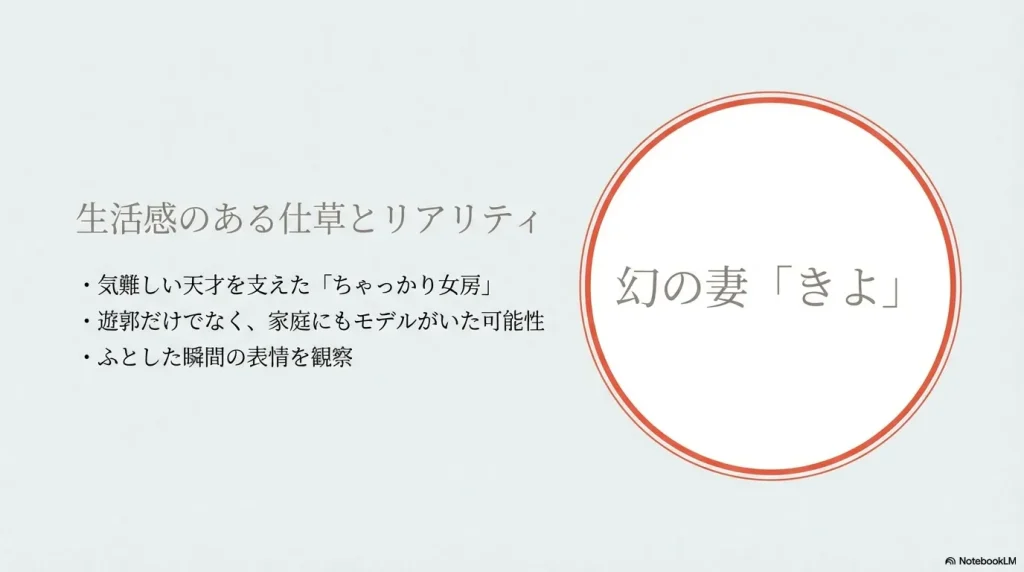 気難しい天才を支えた「ちゃっかり女房」である幻の妻「きよ」の存在と、遊郭だけでなく家庭にもモデルがいた可能性、ふとした瞬間の表情を観察した生活感のある仕草とリアリティ