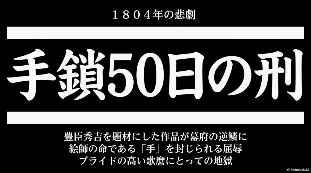 大きな「手鎖50日の刑」の文字と、豊臣秀吉を題材にした作品が幕府の逆鱗に触れ、絵師の命である「手」を封じられた屈辱が、プライドの高い歌麿にとっての地獄だったことを示すスライド