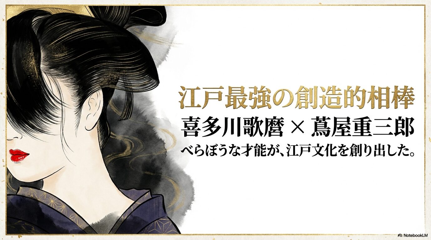 江戸最強の創造的相棒である喜多川歌麿と蔦屋重三郎のタイトル画像 。べらぼうな才能が、江戸文化を創り出したというキャッチコピーが描かれている 。