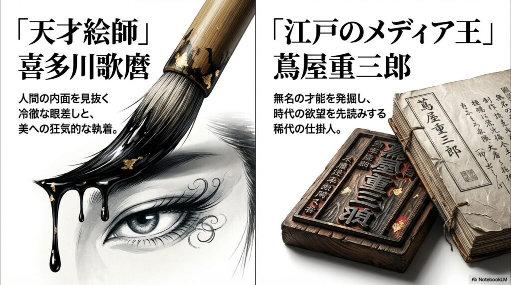 人間の内面を見抜く天才絵師である喜多川歌麿の紹介 。そして、時代の欲望を先読みする江戸のメディア王である蔦屋重三郎の特徴をまとめたスライド