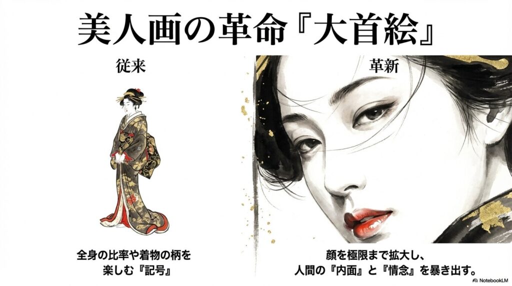 美人画の革命である大首絵の解説スライド 。顔を極限まで拡大し、人間の内面と情念を暴き出すという革新性が示されている