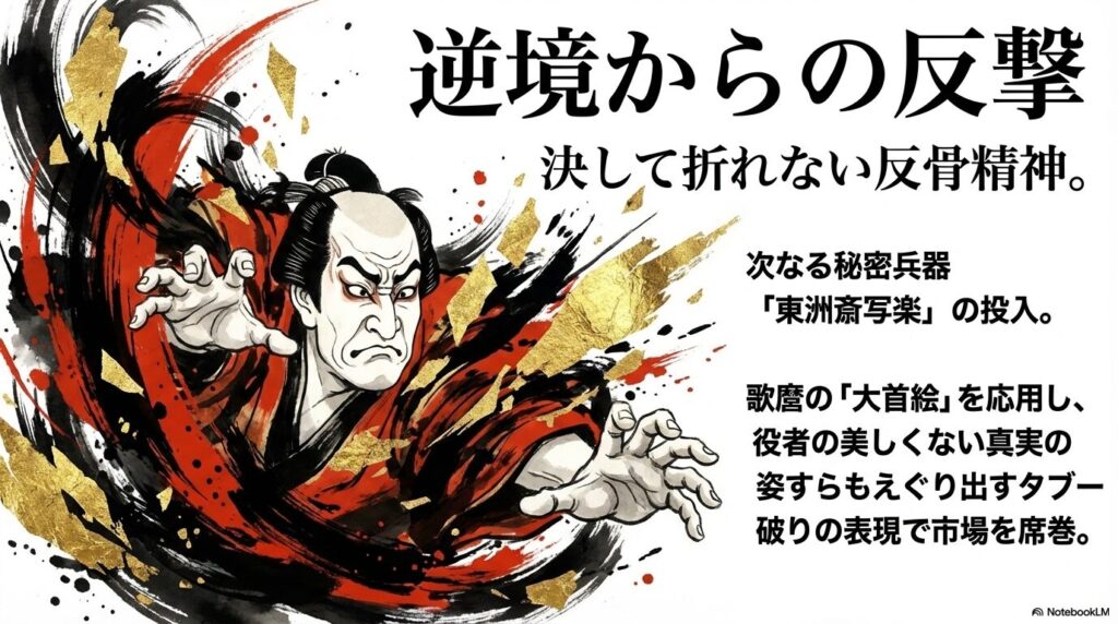 逆境からの反撃として投入された次なる秘密兵器、東洲斎写楽のスライド 。美しくない真実の姿すらもえぐり出すタブー破りの表現で市場を席巻したことがわかる