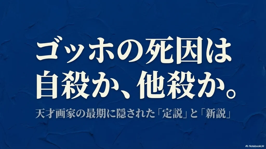 ゴッホの死因について自殺（定説）と他殺（新説）の2つの視点から迫るタイトルスライド