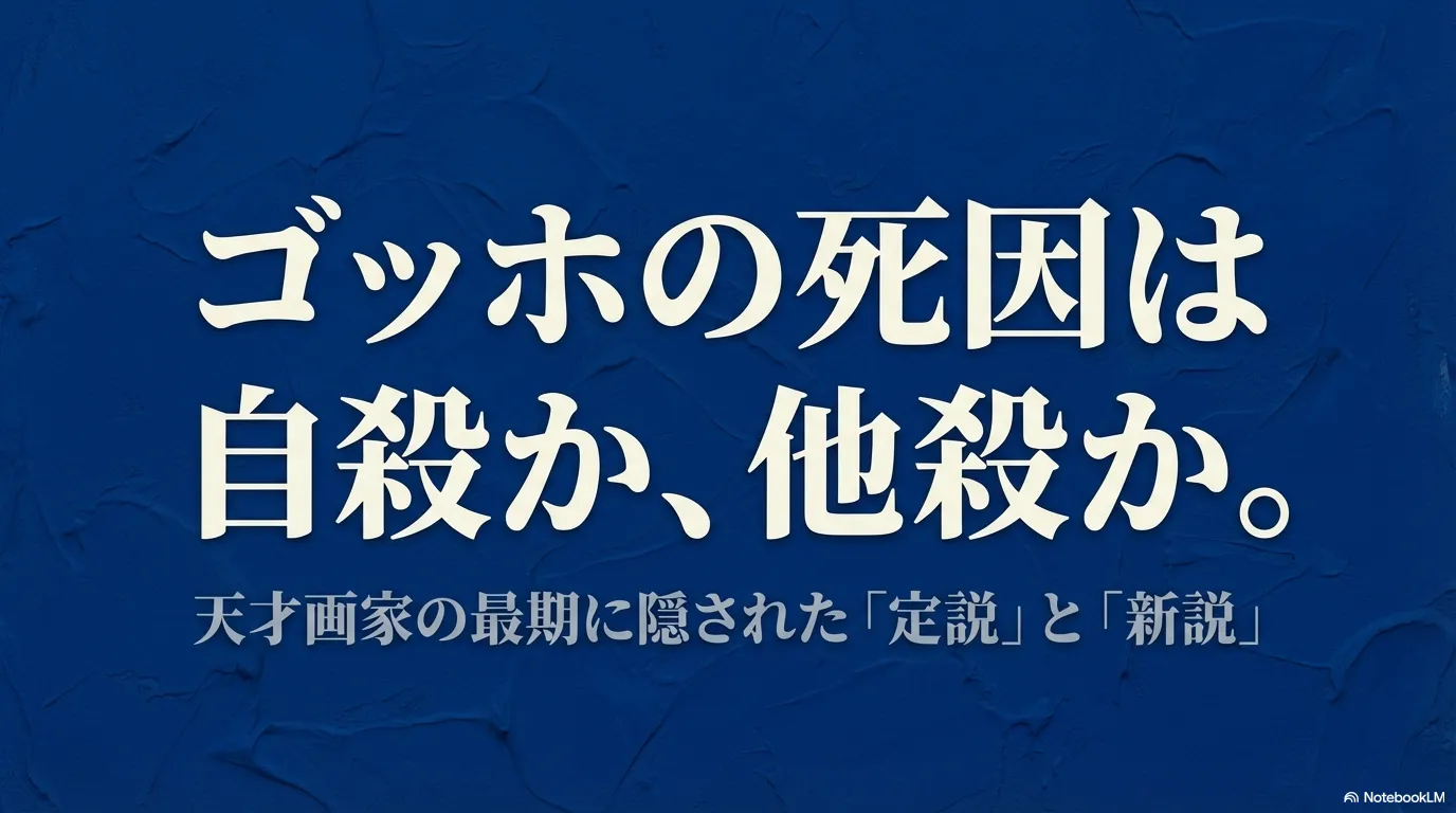 ゴッホの死因について自殺(定説)と他殺(新説)の2つの視点から迫るタイトルスライド