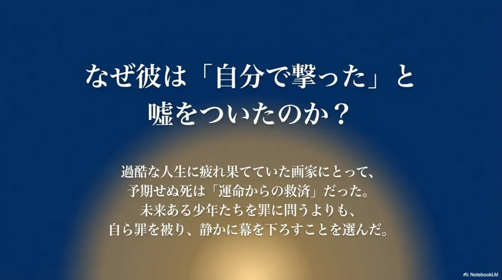 過酷な人生に疲れていたゴッホが、死を救済と捉え少年たちを罪に問わず自ら罪を被った理由の考察