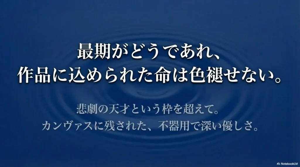 最期がどうであれ作品の命は色褪せず、カンヴァスに不器用で深い優しさが残されているという結びのメッセージ