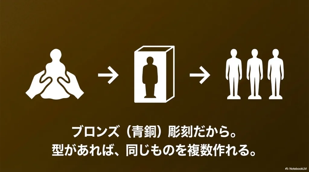 型があれば同じものを複数作れるというブロンズ彫刻の工程を示すイラスト
