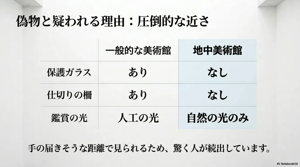 一般的な美術館と地中美術館の保護ガラス・仕切りの柵・光の種類の違いをまとめた比較表スライド
