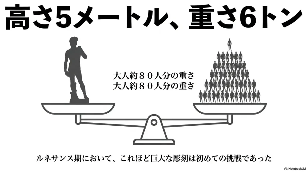 ダビデ像と大人約80人が天秤に乗っているイラスト。高さ5メートル、重さ6トンであることが示されている