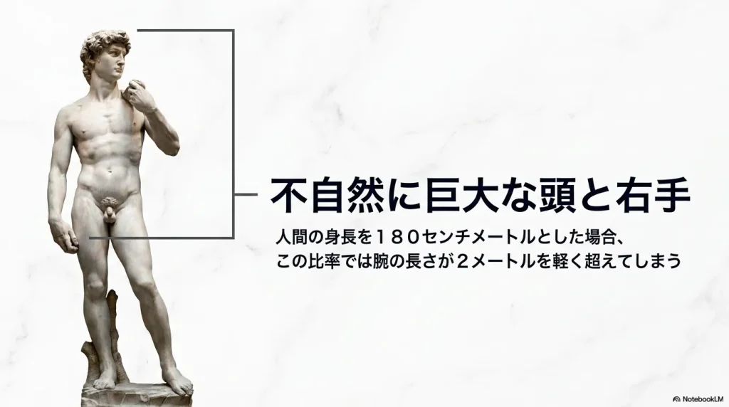 人間の身長を180cmとした場合、ダビデ像の比率では腕が2メートルを超えることを説明したスライド