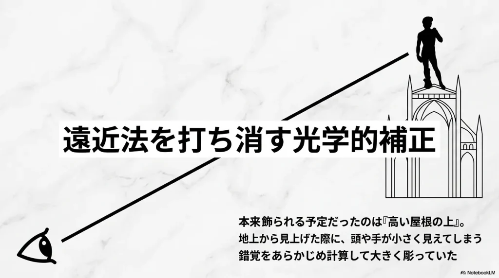 本来は高い屋根の上に飾られる予定だったため、下から見上げた際の錯覚を計算して頭や手が大きく彫られていることを解説したスライド